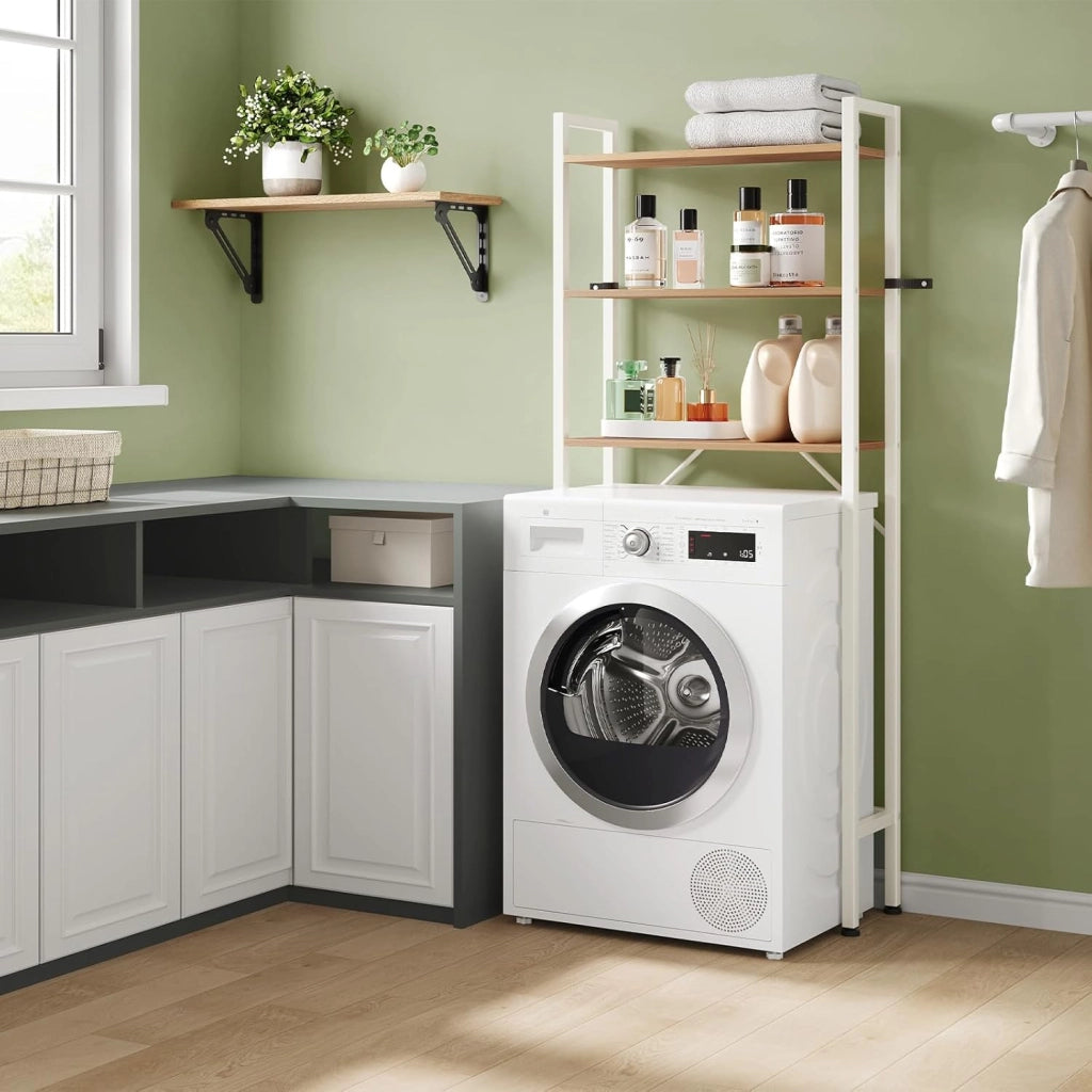 Mobile Sopra Lavatrice a 3 Ripiani, Scaffale Coprilavatrice Salvaspazio, Organizer da Bagno Portaoggetti, Mobiletto Sopra WC in Legno e Metallo, Rovere Chiaro e Bianco, 67x20x164cm