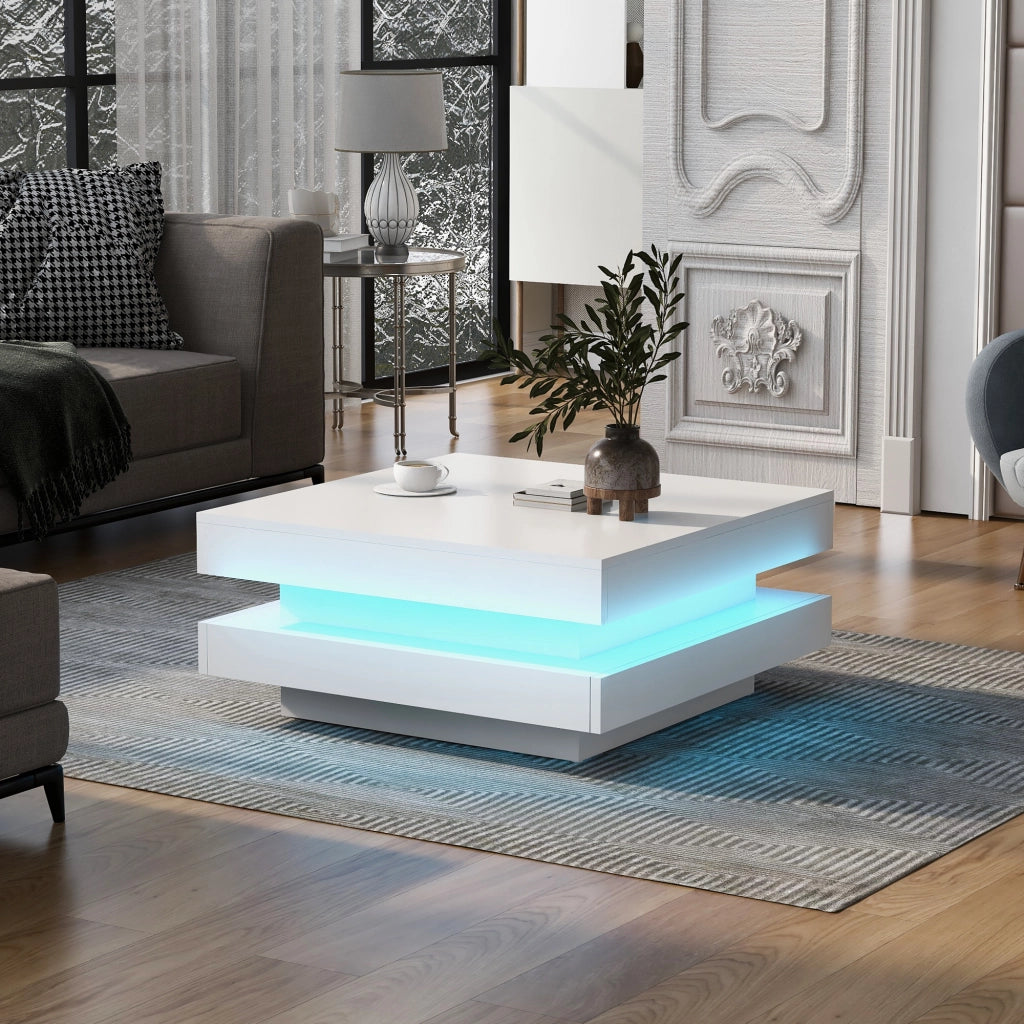 Tavolino da salotto 70x70x36 cm; piano girevole a 360° con luce LED; pannello truciolare bianco