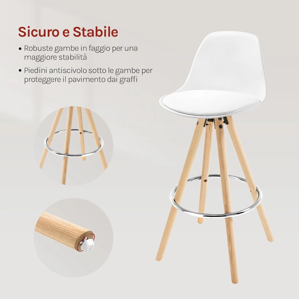 Sgabelli da Bar Sedia Cucina in PU Gambe Legno Schienale di Plastica, Bianco 2 Pezzi
