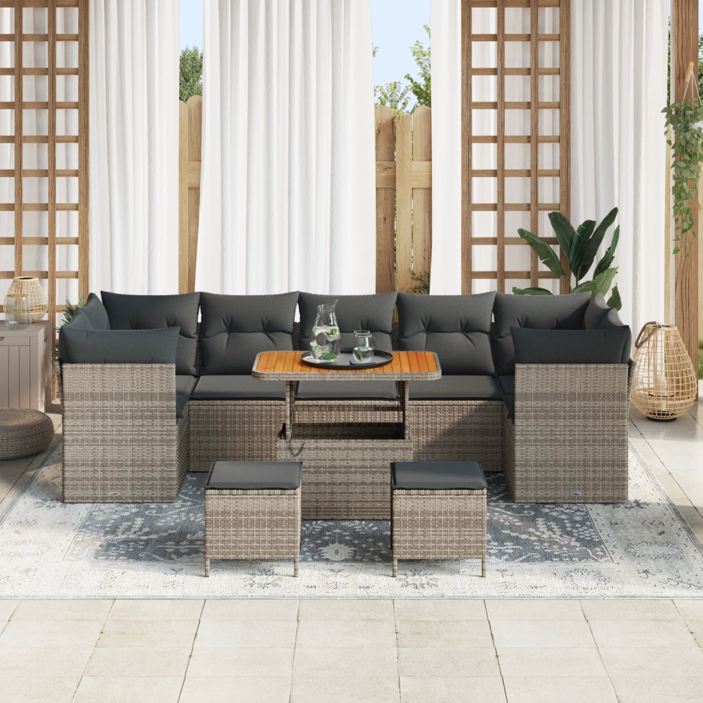 Set da giardino in rattan sintetico acacia grigio da 10 pezzi con cuscini