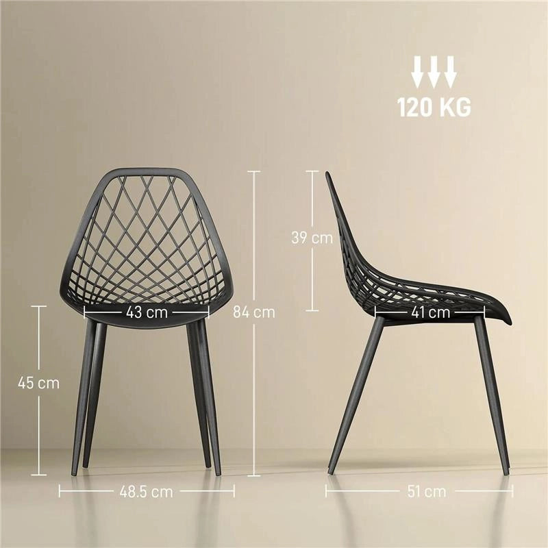 SET 4 SEDIE DA PRANZO MODERNE CON SCHIENALE TRAFORATO IN PLASTICA E GAMBE IN METALLO NERO