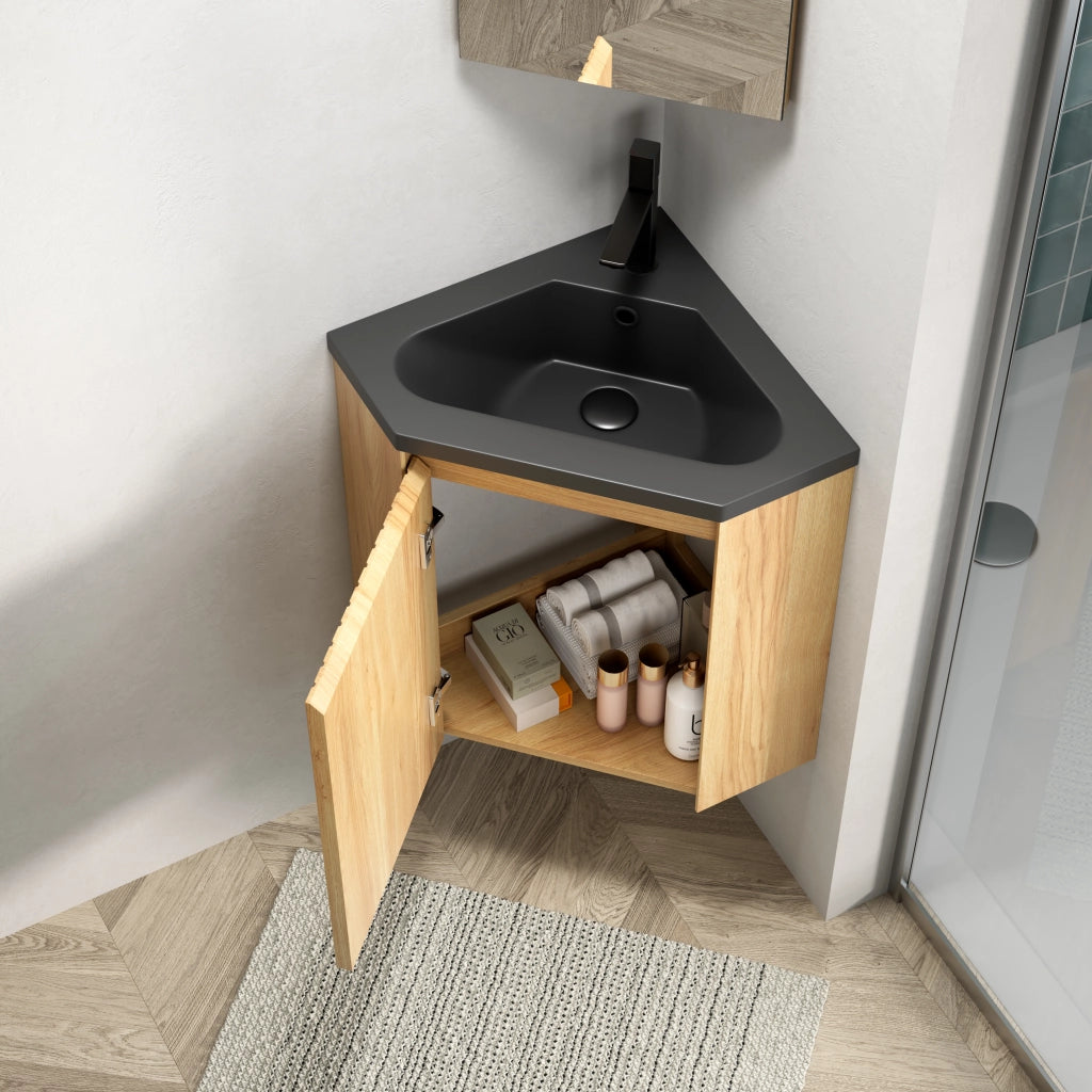 MOBILE BAGNO ANGOLARE 38 cm con lavabo integrato in resina nero e legno naturale