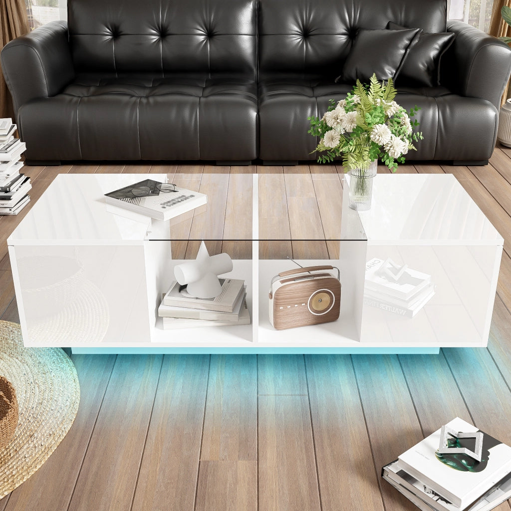 Tavolino da salotto con 2 Ante e LED; Piano in Vetro; Finitura Lucida e Opaca; in MDF; Bianco