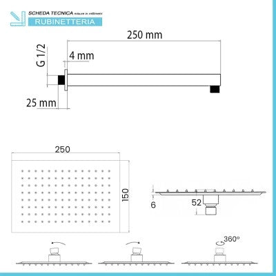 Set doccia cromato con braccio soffione rettangolare 25x15 e kit doccia