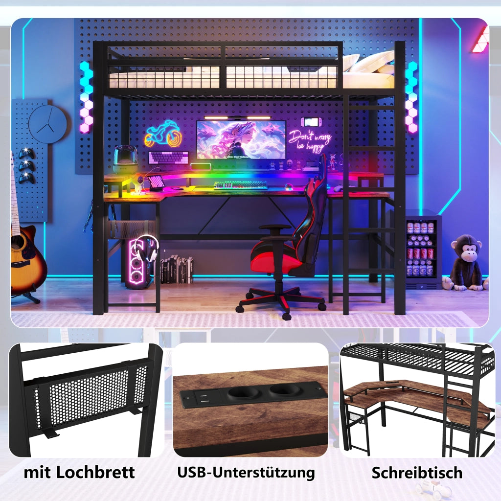 Letto a castello nero 90x200 cm telaio in metallo con scrivania integrata luce