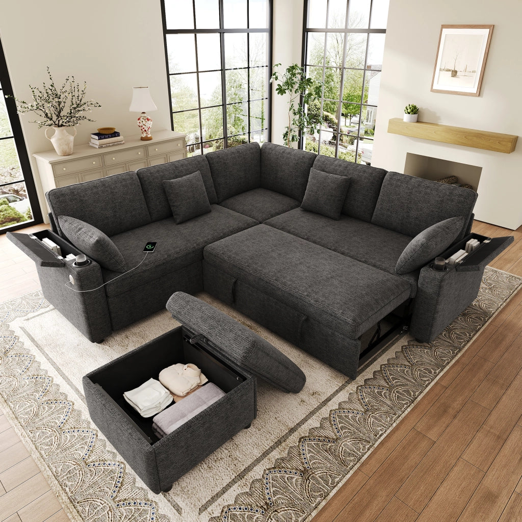 Divano angolare con letto estraibile, pouf mobile, USB e porte bicchieri, contenitori nei braccioli, in ciniglia grigia