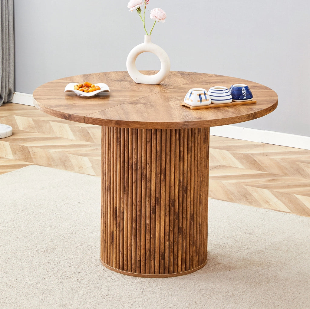 Tavolo da pranzo rotondo 100x76 cm con base cilindrica; MDF e metallo; effetto legno