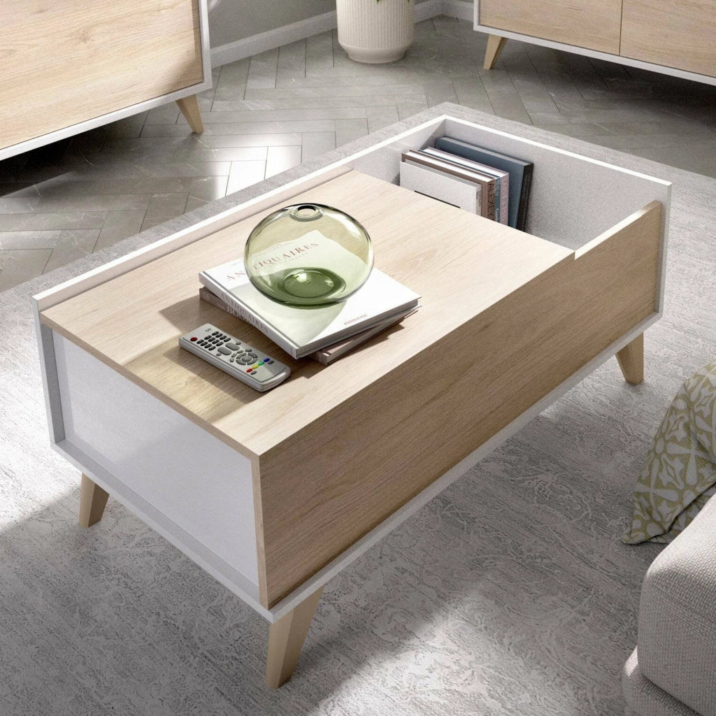 Tavolino da salotto Alexius, Porta riviste da soggiorno con vano portaoggetti, Tavolo basso da caffÒ¨ elevabile, 99x60h41 cm, Rovere e Bianco