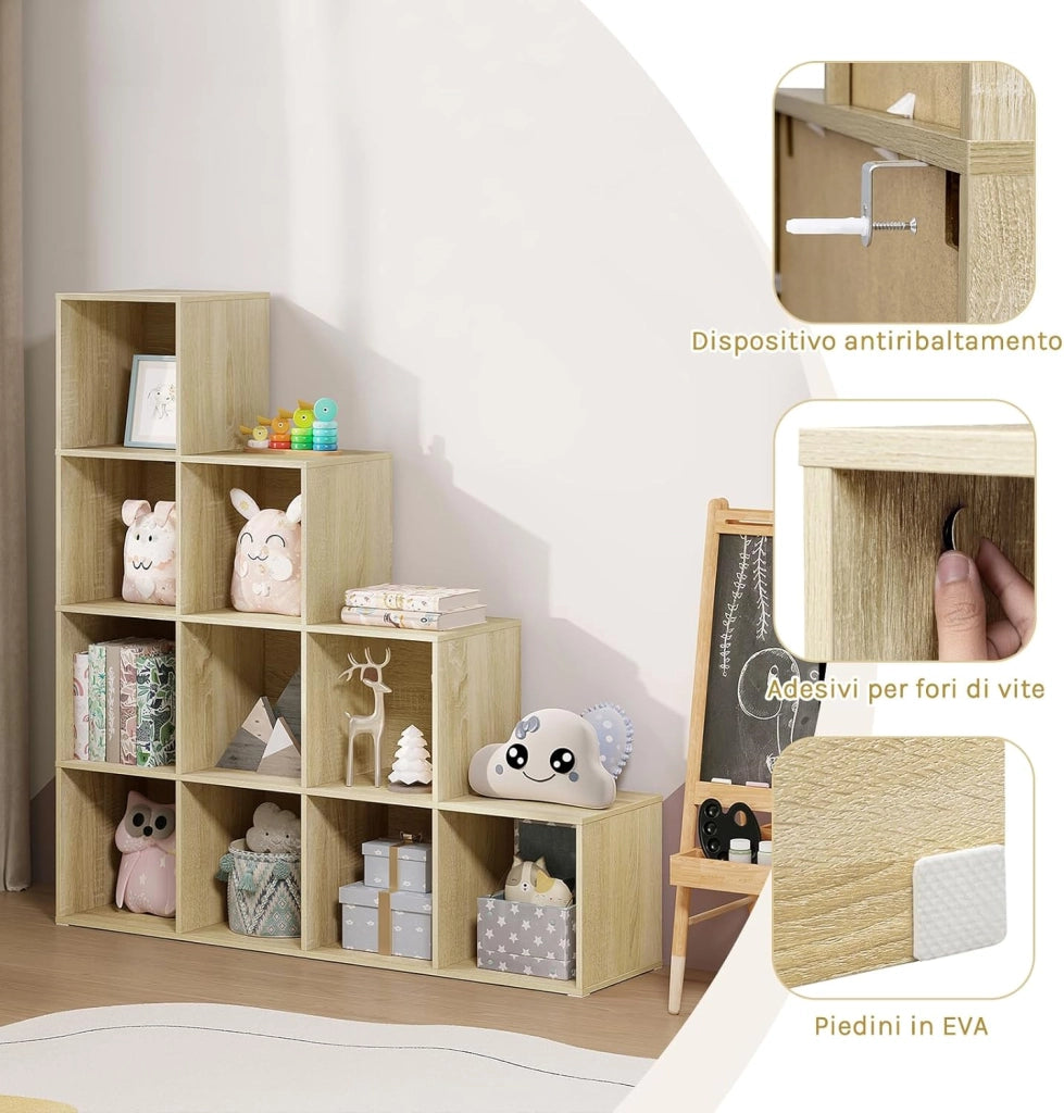 Scaffale per Libri, Scaffale per Scale Con 10 Cubi, Libreria in Legno Ingegnerizzato Rovere Chiaro, per Camera da Letto, Soggiorno, Studio, Ufficio, 120x30x120cm, SK062hei