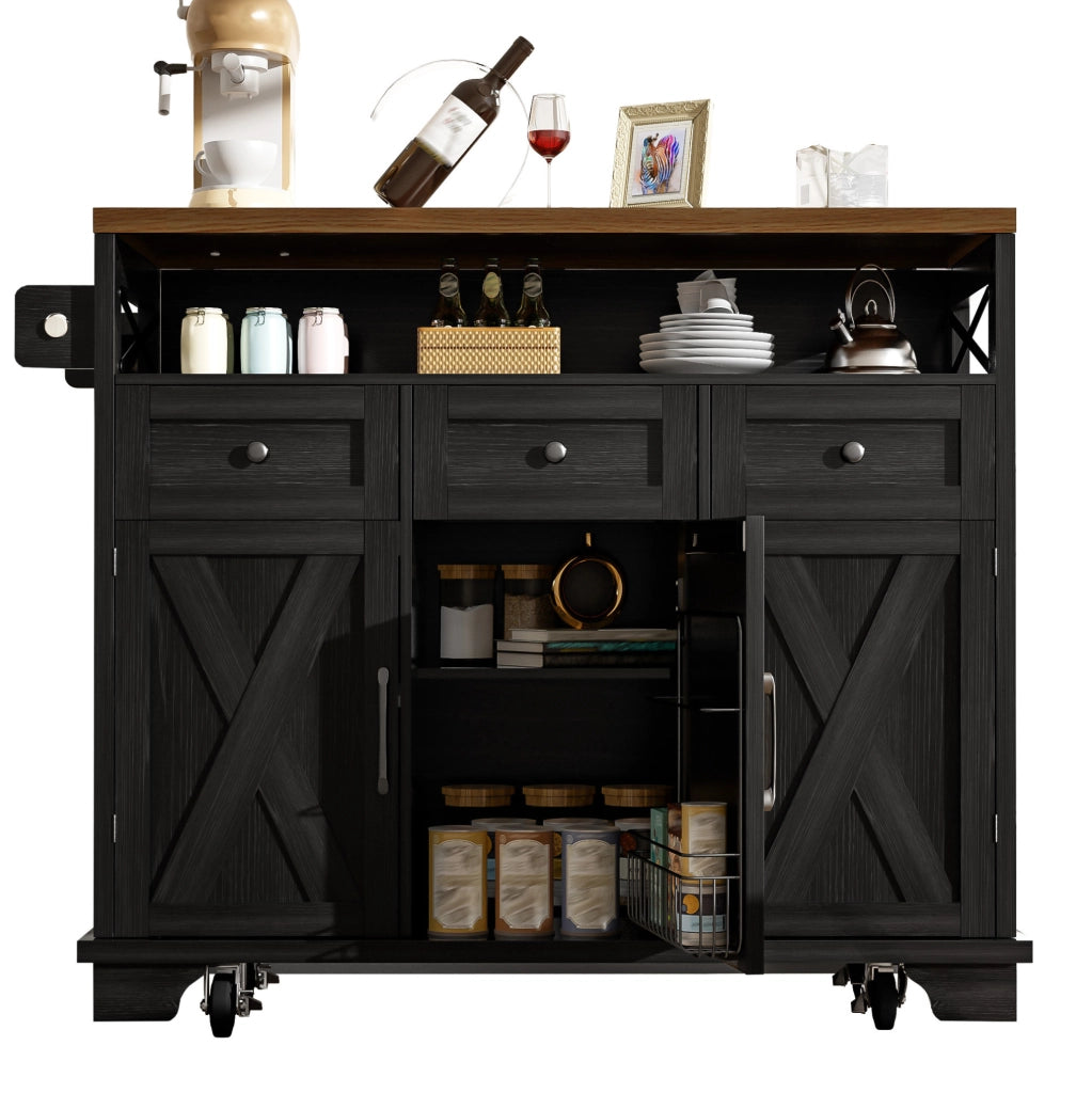 Isola cucina mobile nera con piano pieghevole e ruote