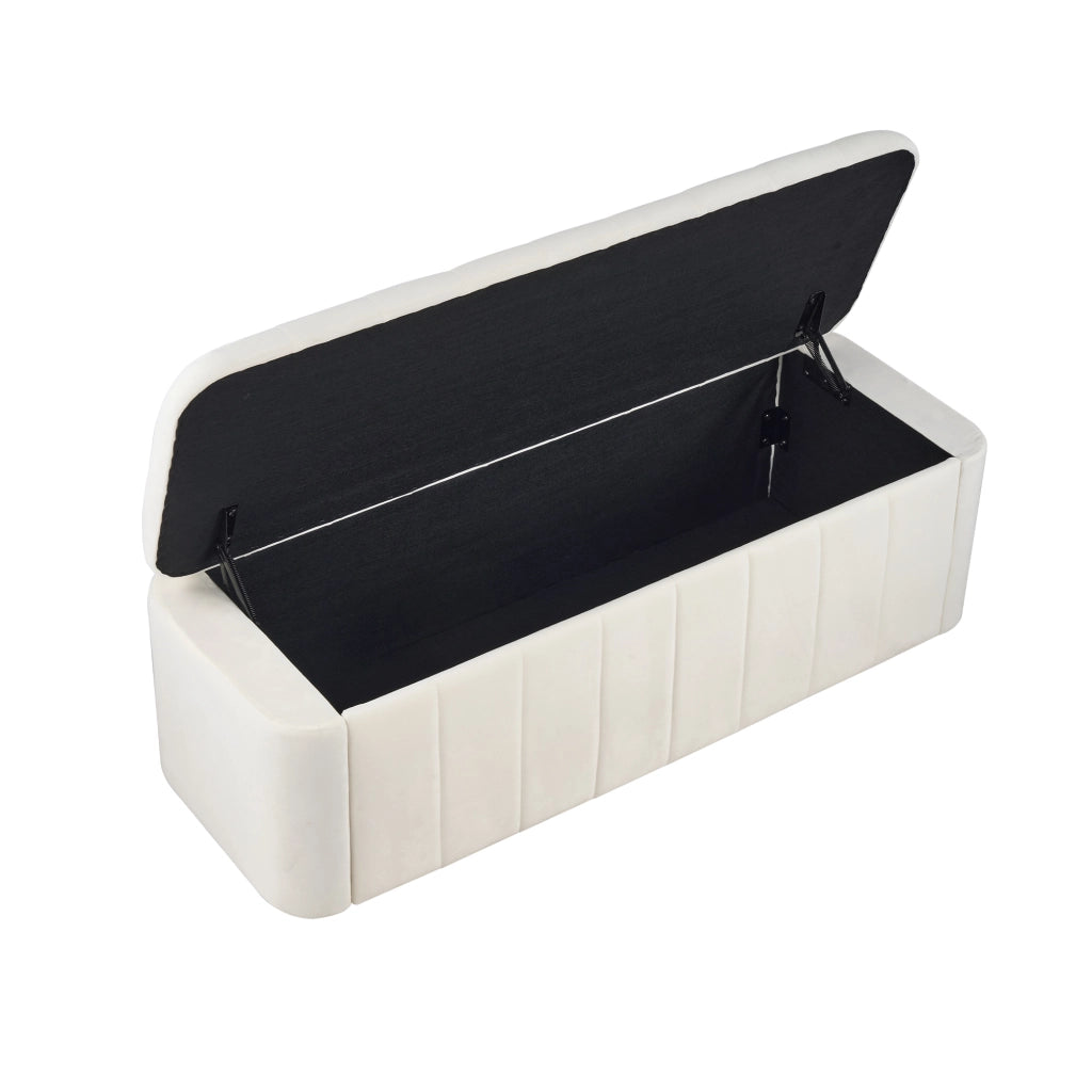 Panca Contenitore in Velluto Capitonné con Spazio Interno, Bordi Arrotondati, Beige