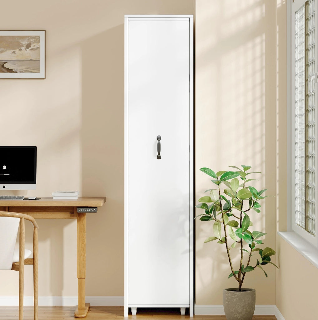 Libreria stretta 40x30x160;5 cm in MDF bianco con ruote e box protettive