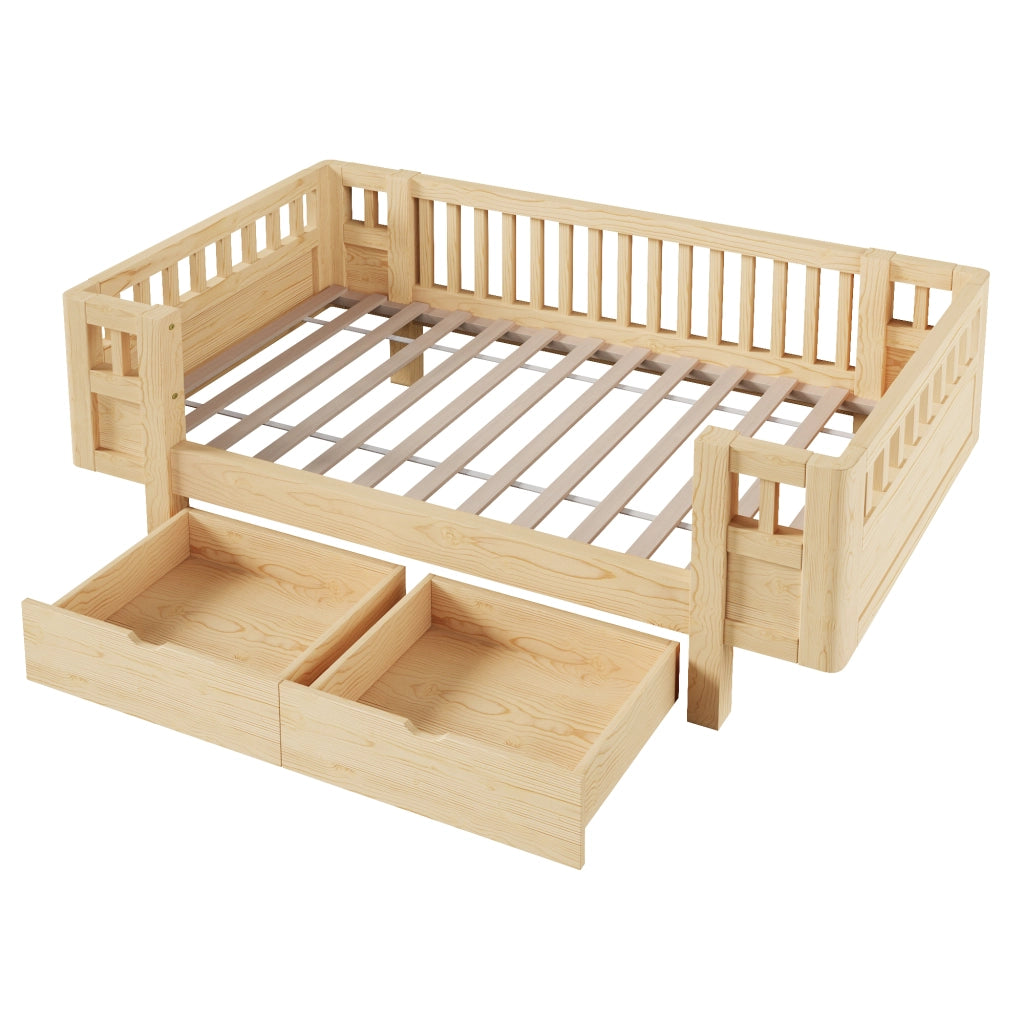 Letto Singolo 90x200 cm; con 2 Cassetti e Sponda di Protezione; in Legno