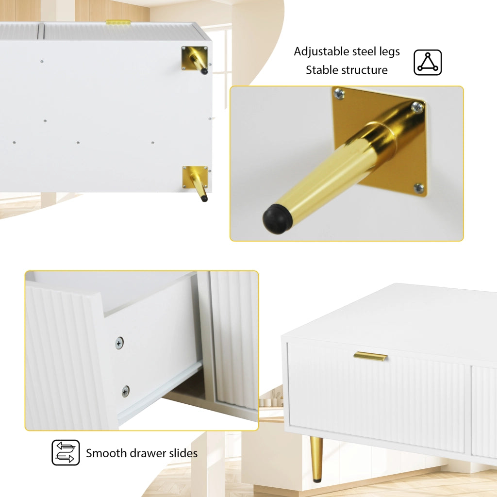 Tavolino basso con 2 cassetti e finitura a strisce verticali per soggiorno in MDF, bianco e oro, 100 × 50 × 40 cm