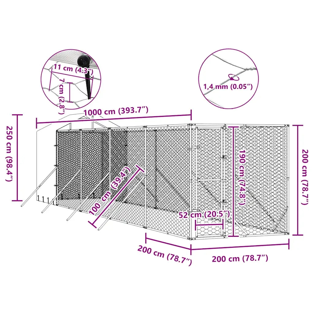Cuccia Cani da Esterno Tetto Argento 2x10x2,5 m Acciaio Zincato 3190476