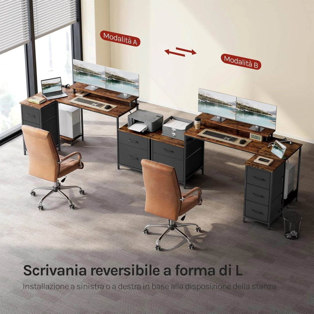 Scrivania Angolare 180x80x84 cm con 5 Cassetti e 2 Ripiani, Scrivania per Computer a L con LED, 2 Prese, 1 Porta USB e 1 Porta Type-C, per Ufficio, Gioco, Studio, Marrone Rustico