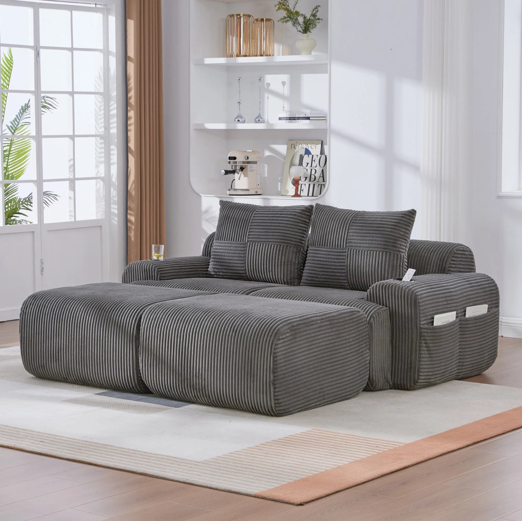 Divano modulare 2 posti in corduroy con portabicchieri e tasca laterale; grigio scuro 200x174x80 cm