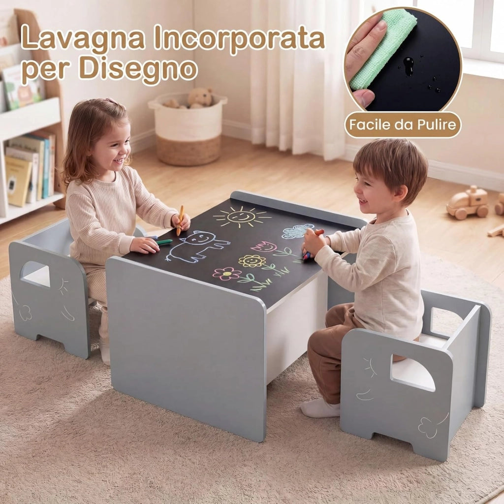 Set Tavolo e 2 Sedie per Bambini, Tavolo e Sedie Salvaspazio per Bambini 3+ Anni con Lavagna per Disegnare e Piedini Antiscivolo, per Camerette, Soggiorno e Studio (Grigio)