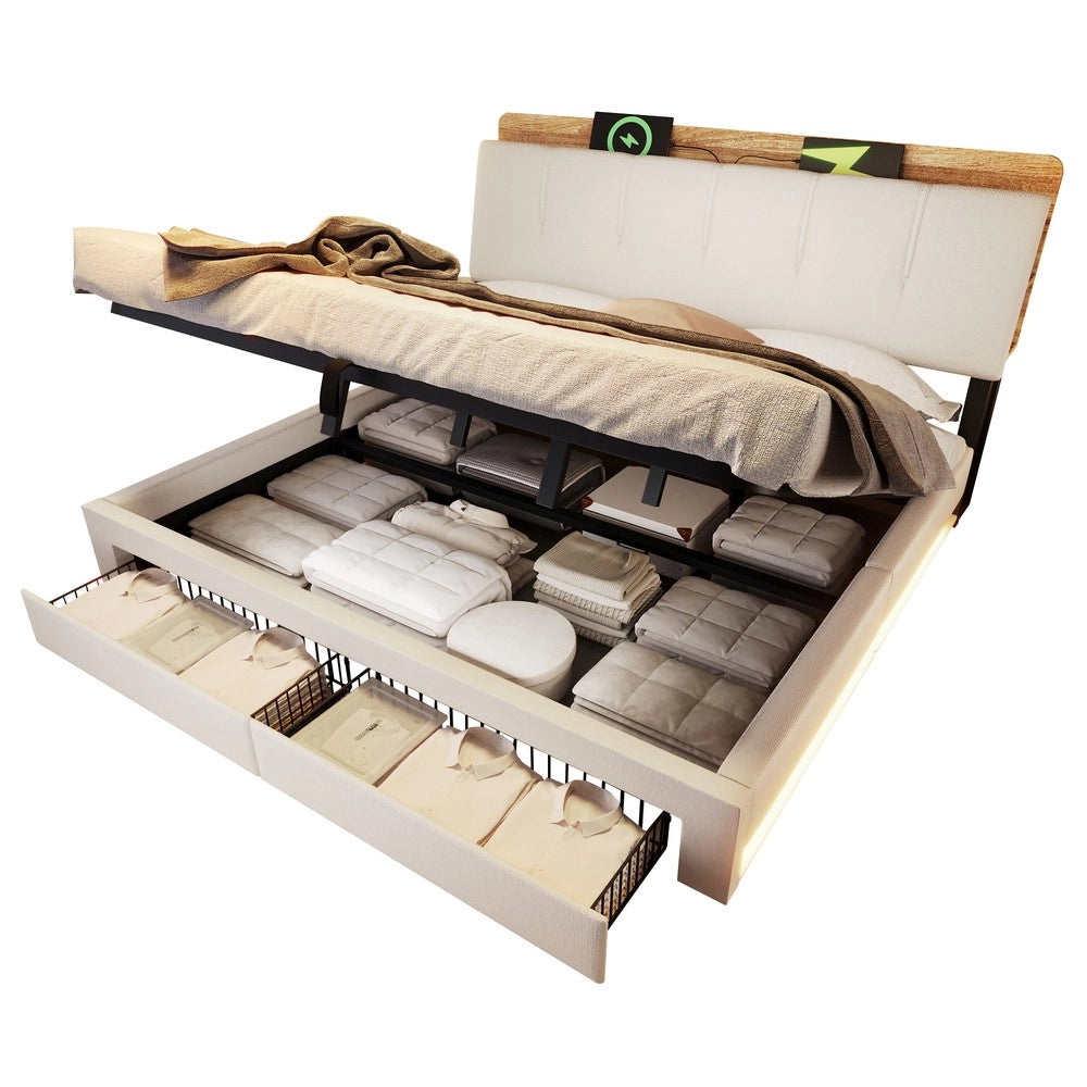 Letto Imbottito Contenitore con LED ¨C MINIMAL ¨C Matrimoniale 180x200, Idraulico, Tessuto Beige