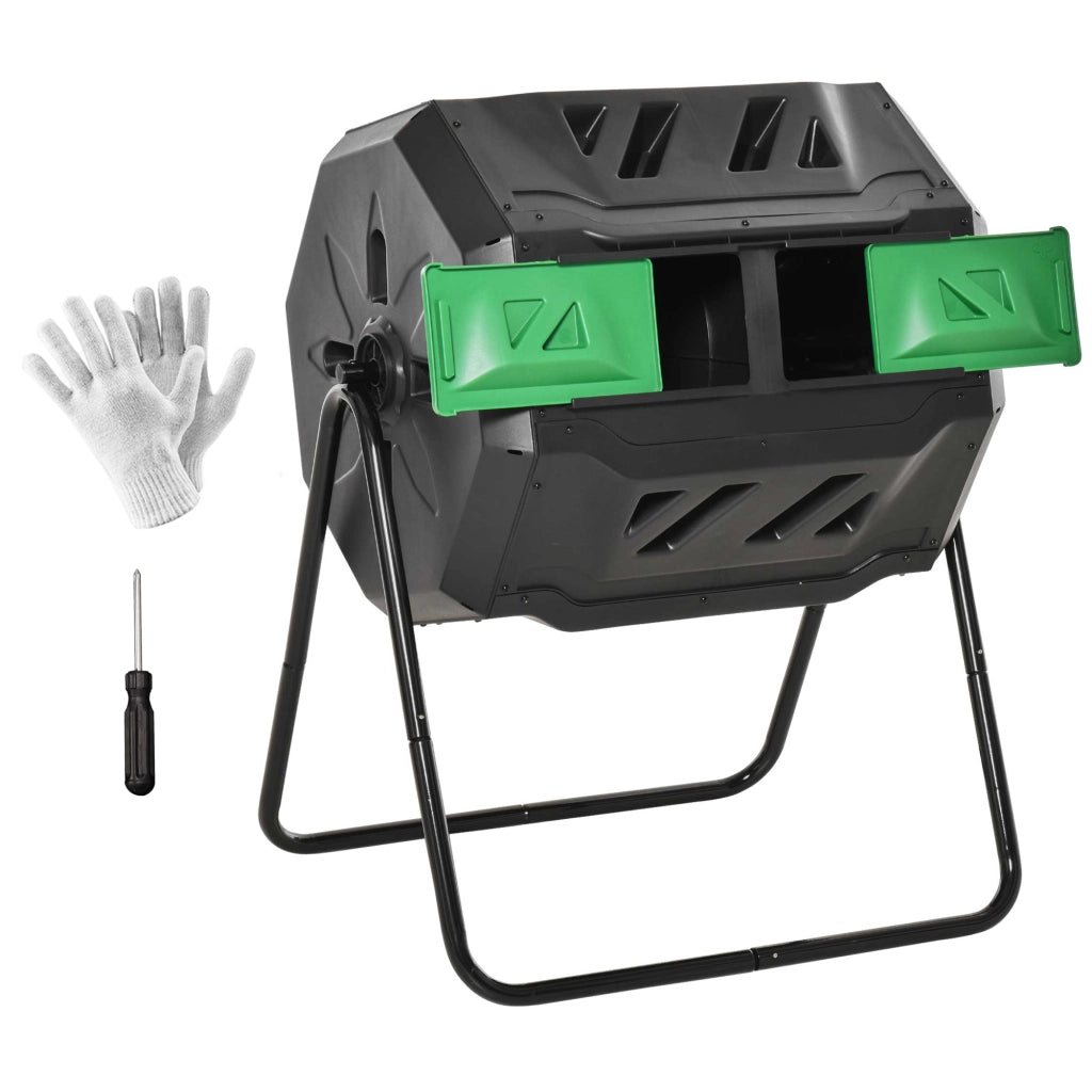 Composter a tamburo 160 L con 2 camere, rotazione 360°, nero