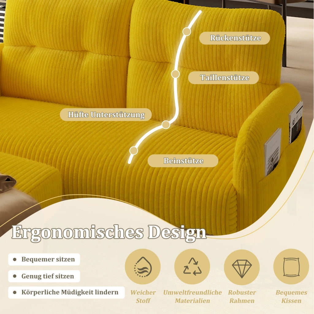 OKWISH Set da 3 Pezzi con Divano 2 Posti, Poltrona e Poggiapiedi, con Tasca Laterale, Velluto a Coste Giallo
