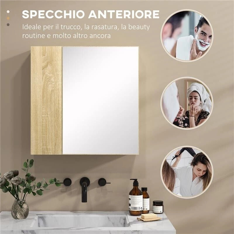 MOBILE DA BAGNO CON SPECCHIO E 4 RIPIANI INTERNI, IN TRUCIOLATO, 60X15X60CM, COLOR LEGNO
