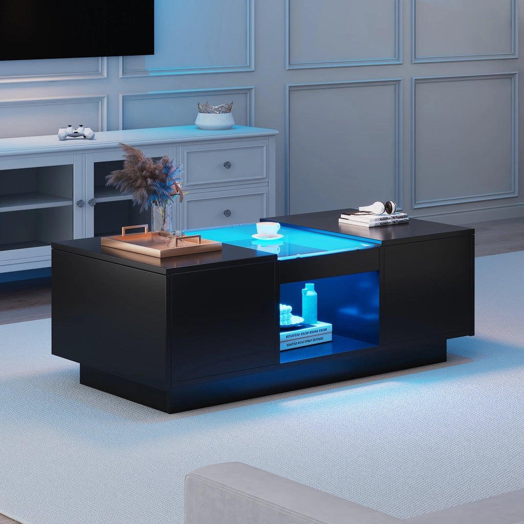 TAVOLO BASSO 100x50x35,5 cm Nero con LED, 2 cassetti e 1 vano aperto