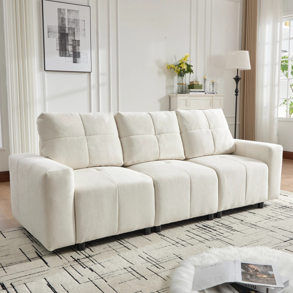 Divano modulare a 3 posti con funzione letto e schienale regolabile in ciniglia beige bianco 213 × 94 × 84 cm