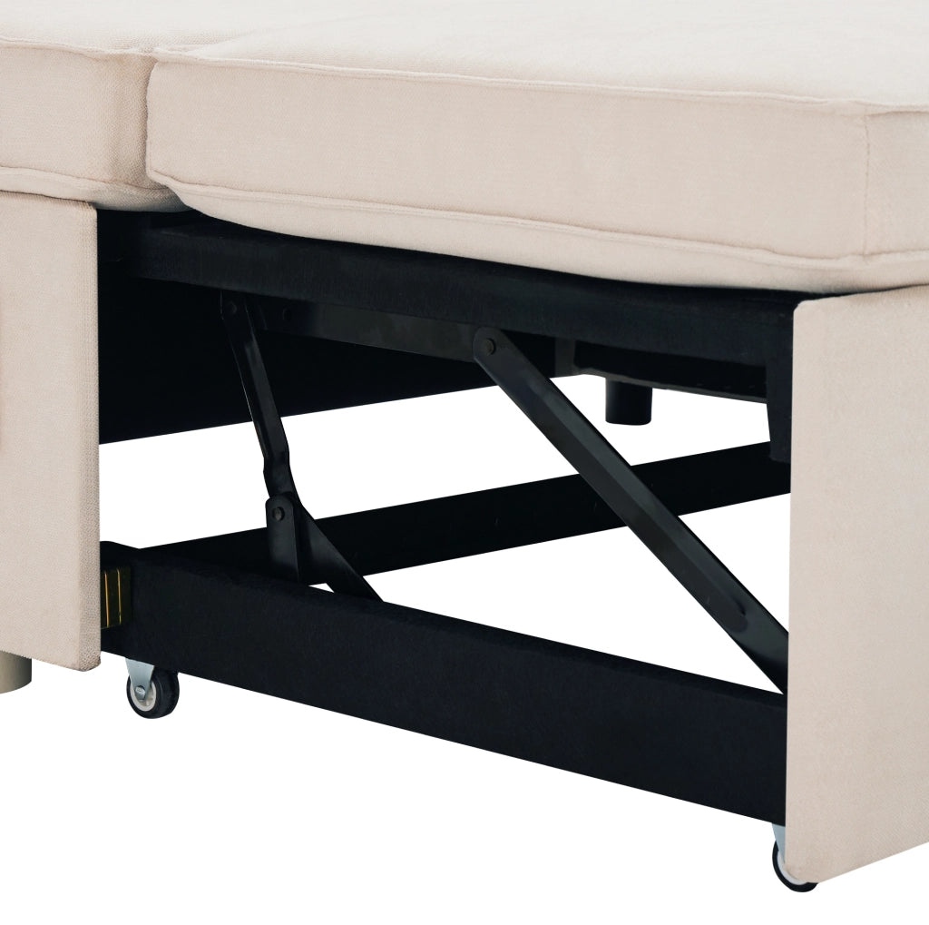 Divano letto a U con contenitori; portabicchieri e 2 cuscini; 270x130x86 cm; beige effetto lino