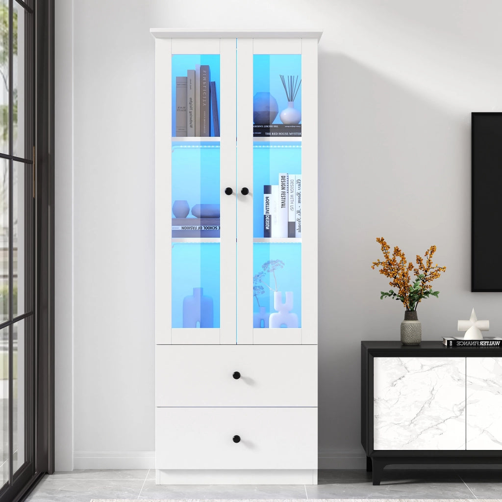 Vetrina moderna LED bianca opaca 165 cm con 2 cassetti; ripiani regolabili e ante in vetro