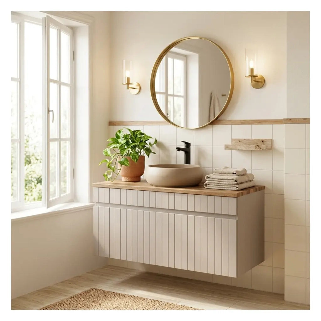 Set bagno ICON: mobile sottolavabo 100cm cachemire + piano per lavabo effetto legno