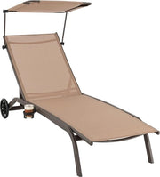 Sedile esterno con ruote, tetto e contenitore per bicchieri, sedile da giardino con schienale regolabile, sedile da giardino, sedile esterno, sedile da spiaggia per giardino, terrazza, piscina (marrone)