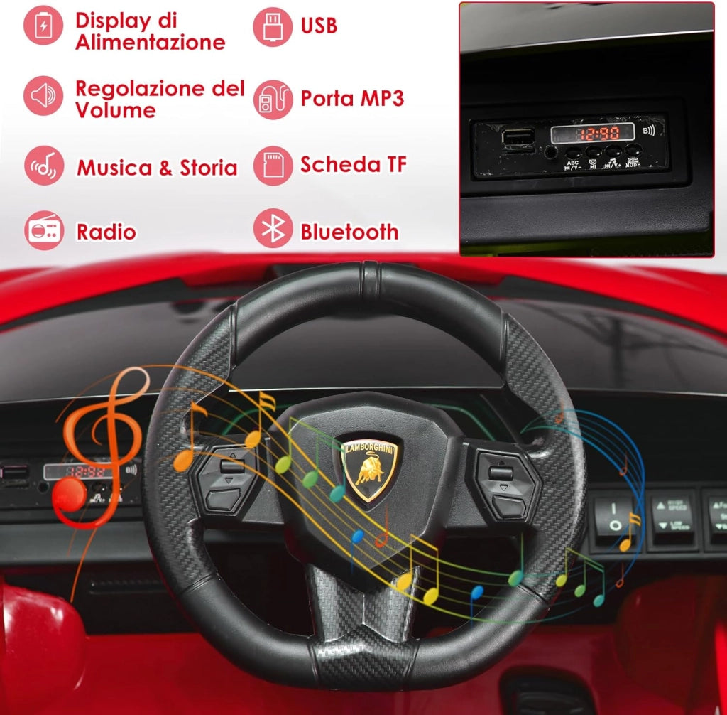Macchina Elettrica Lamborghini per Bambini da 12V, Veicolo Elettrico con Luci LED MP3 Telecomando, Fino a 5km/h, +3 Anni (Rosso)