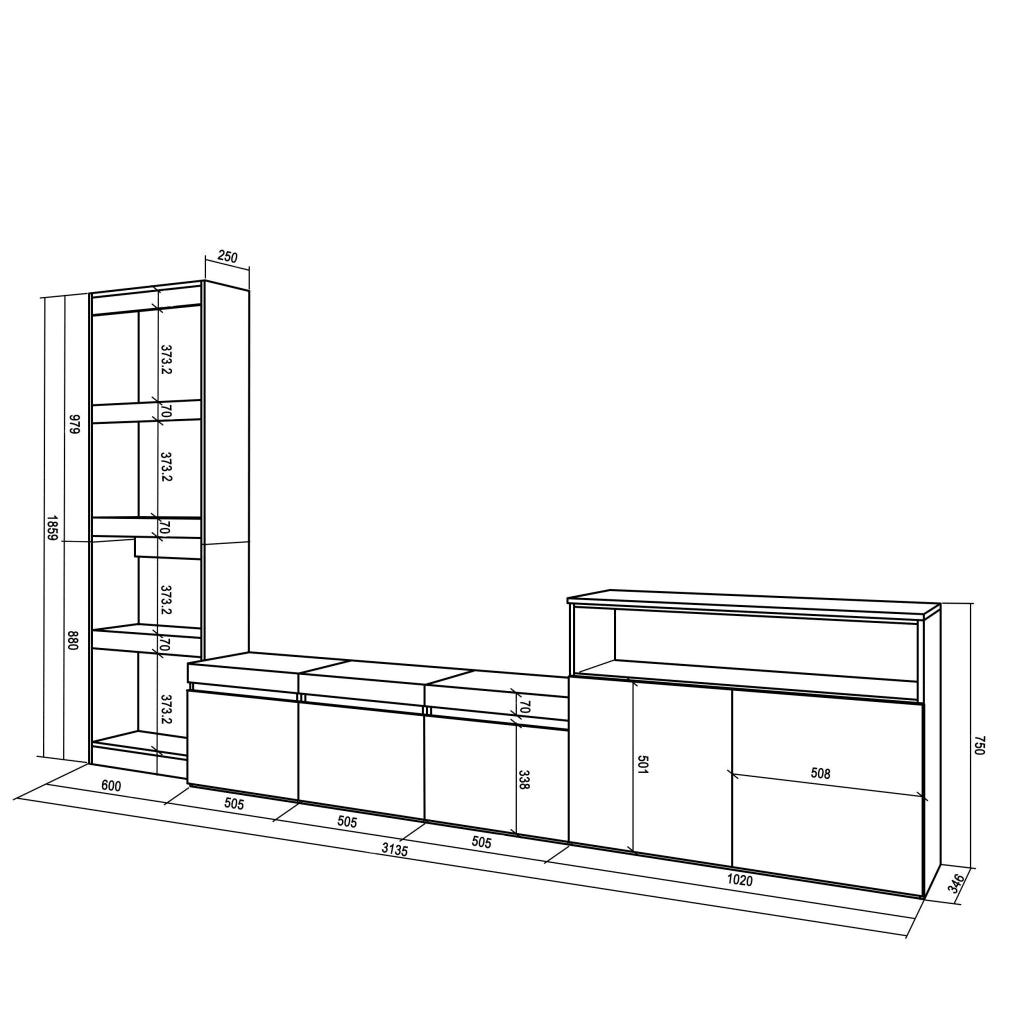 Mobile TV, Soggiorno, 310x35x186cm, Per TV fino a 65", Set di mobili, colore Rovere e nero RF3152