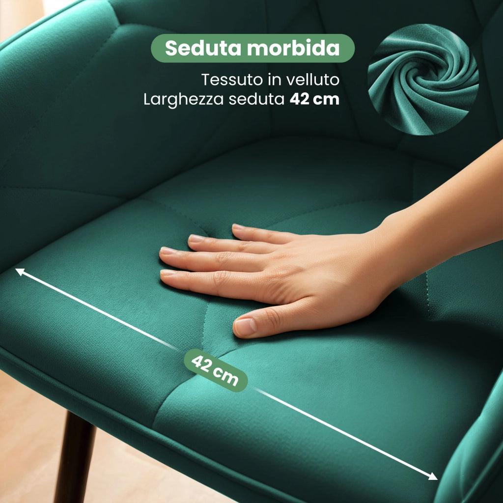 Set di 4 Sedie in velluto trapuntato DIAMANTE Verde Bottiglia gambe nere