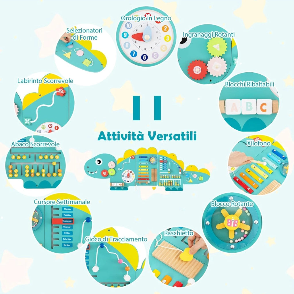 Pannelli da Parete con attività, Busy Board 11 in 1 Montessori in Legno per Sviluppo Sensoriale, Centro di attività Educativo Montato a Parete per Stanza Giochi, Asilo Nido (Dinosauro Verde)
