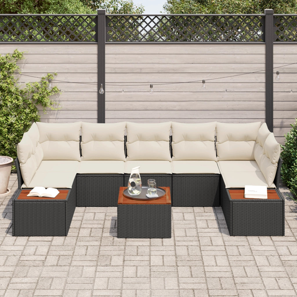 Set Divano da Giardino  da 8 Pezzi con Cuscini Nero Polyrattan Acacia