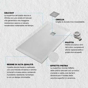 Piatto doccia filo pavimento Karen 80x150 in resina bianco pietra