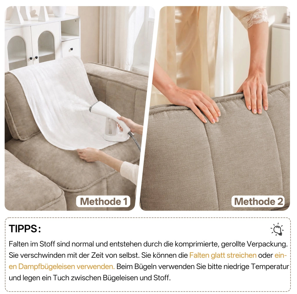 Divano modulare angolare con pouf 198x162x67 cm in poliestere color sabbia