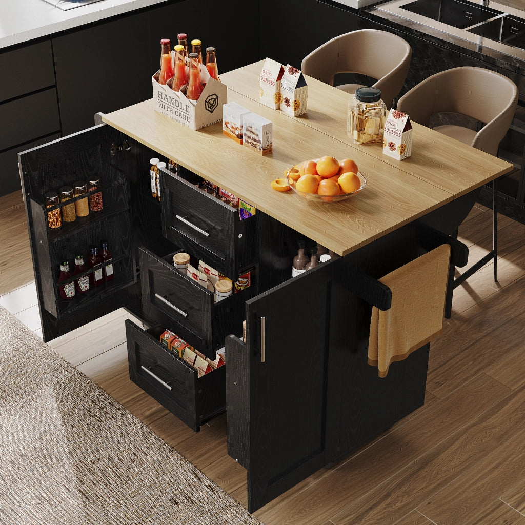 OKWISH Carrello da Cucina con 3 Cassetti, Piani Ribaltabili e Portaasciugamani, Ruote Rimovibili, Nero
