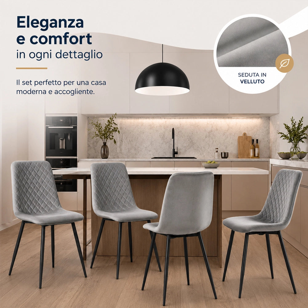 Set 4 Sedie Grigio Chiaro Rivestimento in Velluto e Piedi Neri Seduta Ergonomica