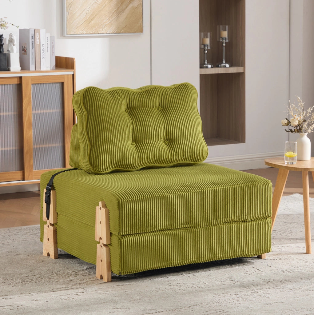 Poltrona letto pieghevole convertibile in corda verde oliva; 90x86x84 cm; gambe in legno