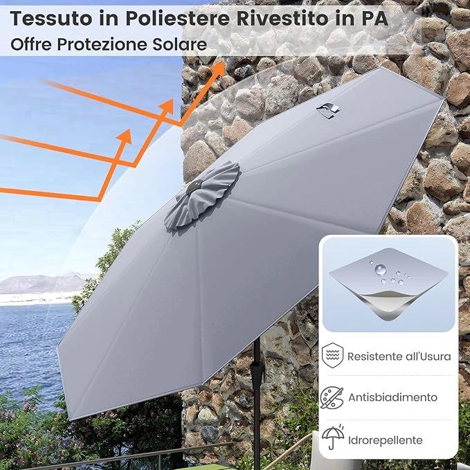 Ombrellone da Giardino 270 cm, Ombrellone da Esterno con Inclinazione Regolabile, Manovella, 8 Stecche, Tettuccio Ventilato, Ombrellone Parasole per Spiaggia, Bordo Piscina