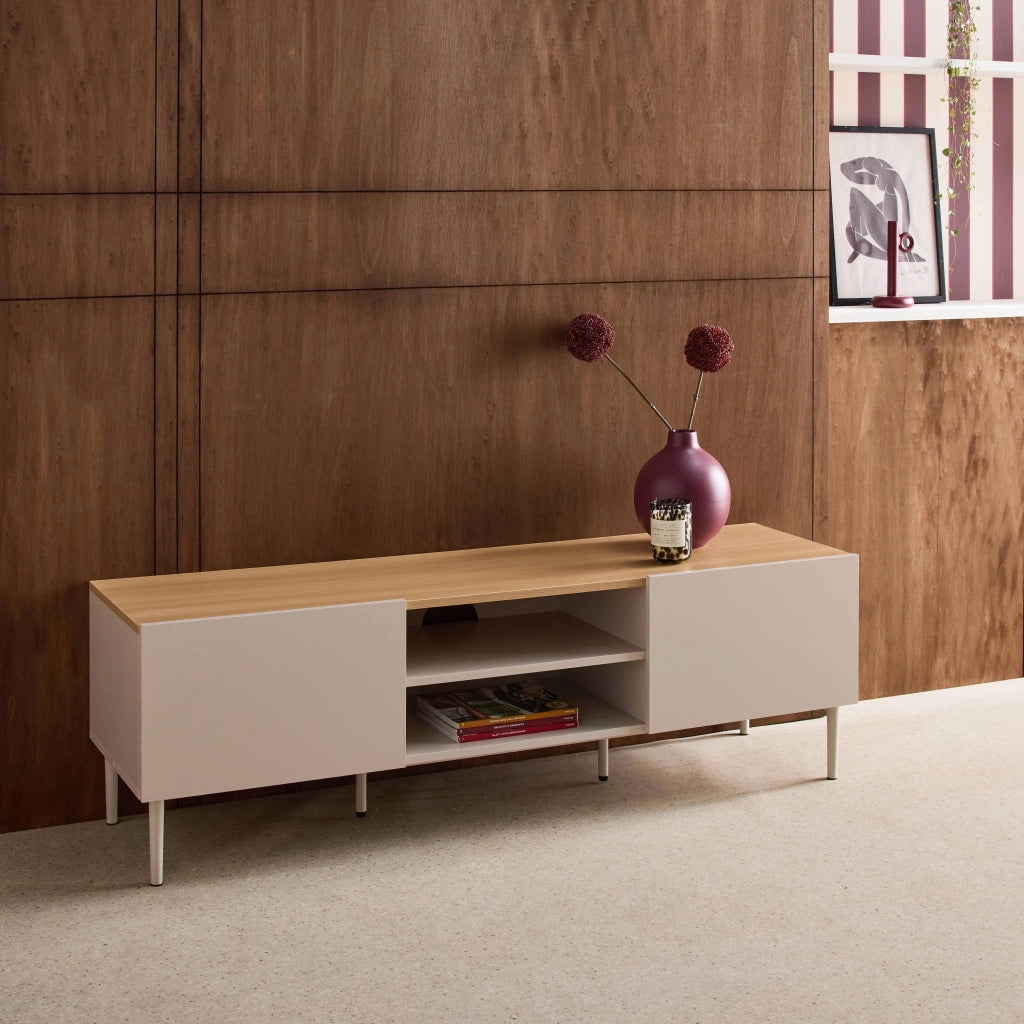 Mobile tv in metallo e decorazione in legno 2 ante, 140cm, beige