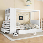 DESMIU Letto per bambini 90 × 200 cm con 5 cassetti contenitori e scrivania, senza materasso, in legno, bianco