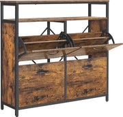 Cassettone per scarpe per corridoio con 4 porte scorrevoli | Piccola cassa per conservazione di 12-20 pair di scarpe | Stile rustico marrone e nero | 98,3 x 30 x 95 cm