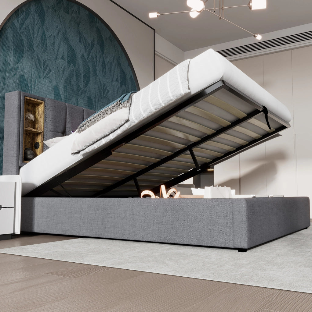 Letto imbottito 140x200 cm con ricarica wireless; USB C e contenitore; cotone grigio
