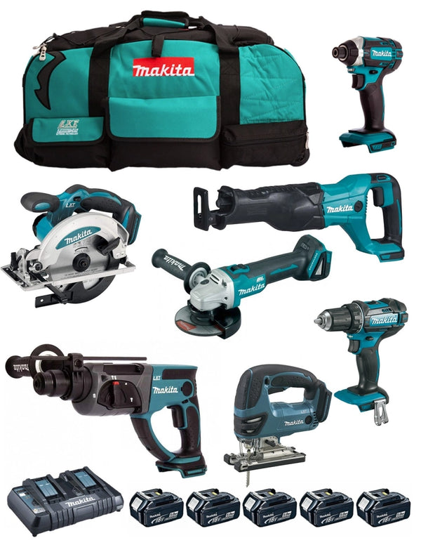 MAKITA Kit DLX7013PT1 (DDF482 + DGA504 + DHR202 + DJR186 + DJV180 + DSS610 + DTD152 + 5 x 5,0 Ah + DC18RD + LXT600)