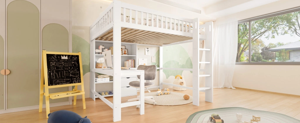 DESMIU Letto a soppalco 2 posti con scrivania, 3 cassetti e ripiani 140 × 200 cm senza materasso pino bianco