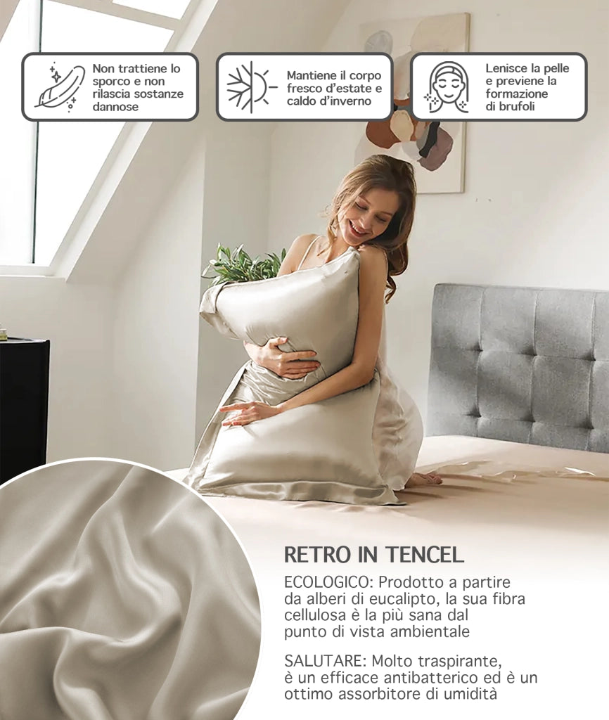 Federa 100% Seta Di Gelso 50x80Cm Certificate OekoTex Chiusura Zip Con Volant da 5 Cm Retro In Tencel Di Eucalipto Anticrespo Anti-Age Rigenerante Cromoterapia  - Crema
